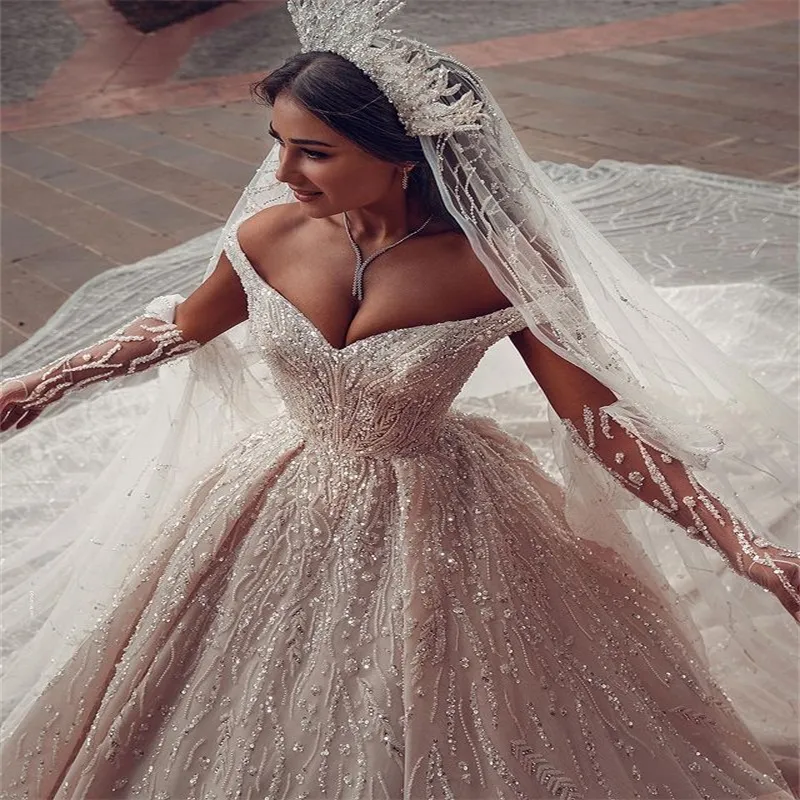 knee length dresses for ladies Vintage Luxury Princess Light Ivory A-Line Embroidery Wedding Dress with Off- Shoulder main image 0
