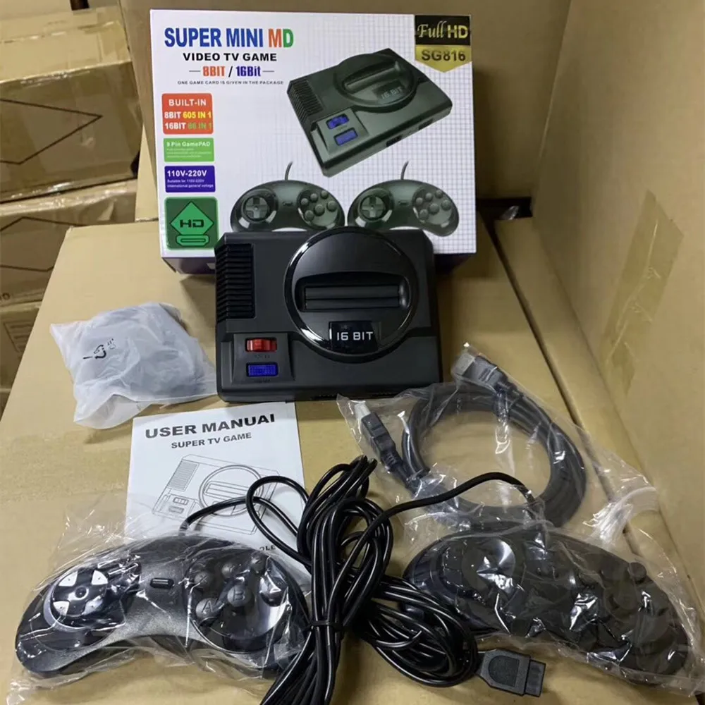 SG816 Super Retro Mini Video Gra Player Console for Sega Mega Drive MD 16Bit 8 bit 605 Różne wbudowane gry 2 Gamepads