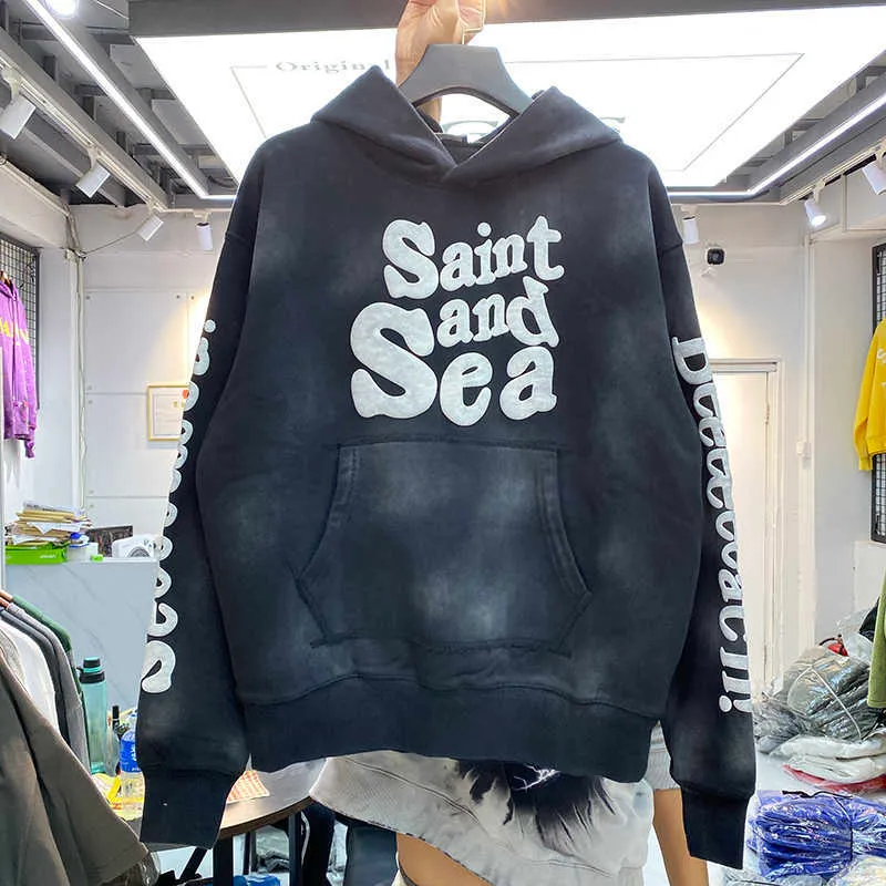 Men's Hoodies Sweatshirts Men's Hoodies Saint Tide Brand Winter Washing Old Foaming Text Men's and Women's Loose Hip Hop Pullover Hooded Os Sweater