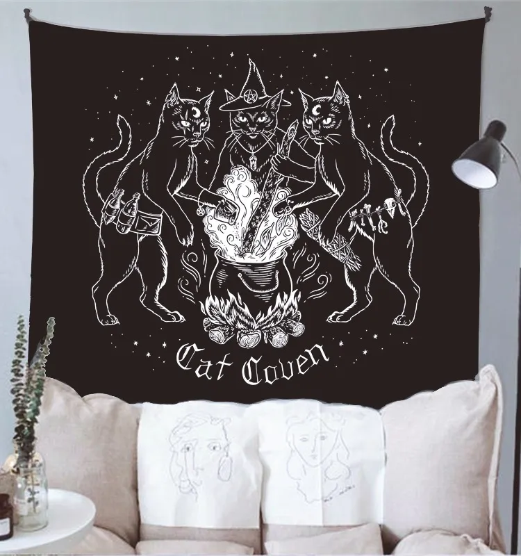 Kat Witchcraft Tapestry Muur Opknoping Tapijten Mysterieuze Divination Baphomet Occult Home Wall Zwart Cool Decor Cat Coven