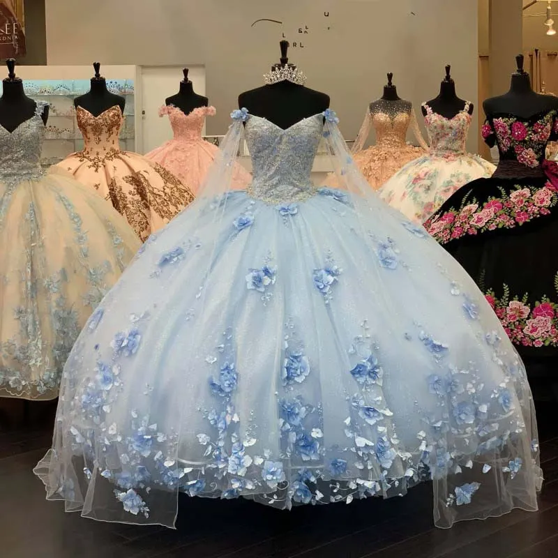 Lichtblauwe lange mouwen Quinceanera jurk met 3D-geappliceerd van de schouder Pageant jurken vestidos de 15 años