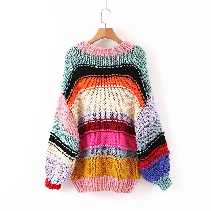 Su ter de rayas de arco iris dulce Mujeres Moda O cuello Su teres sueltos Chicas lindas Contraste de colores Chic Jumpers LJ201112
