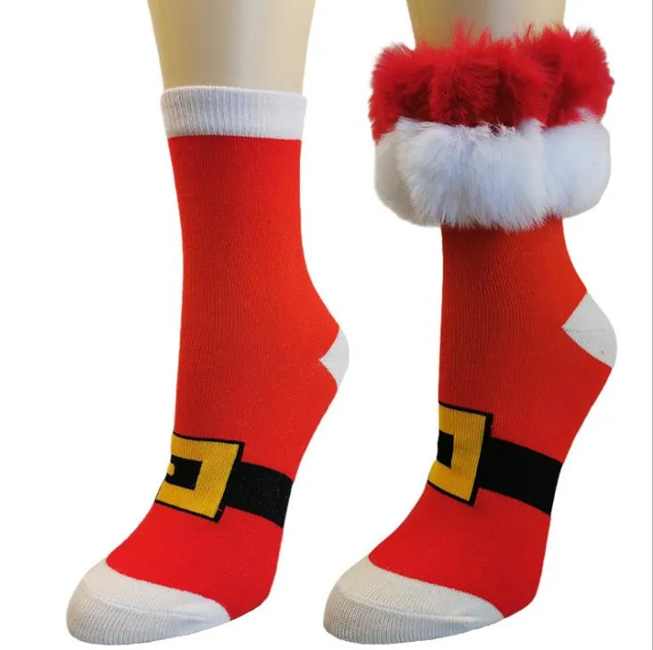 Chaussettes de Noël rayées rouges et blanches avec garniture en fourrure vacances drôle cadeau coton mi Claf chaussettes hiver coton bas cuisse