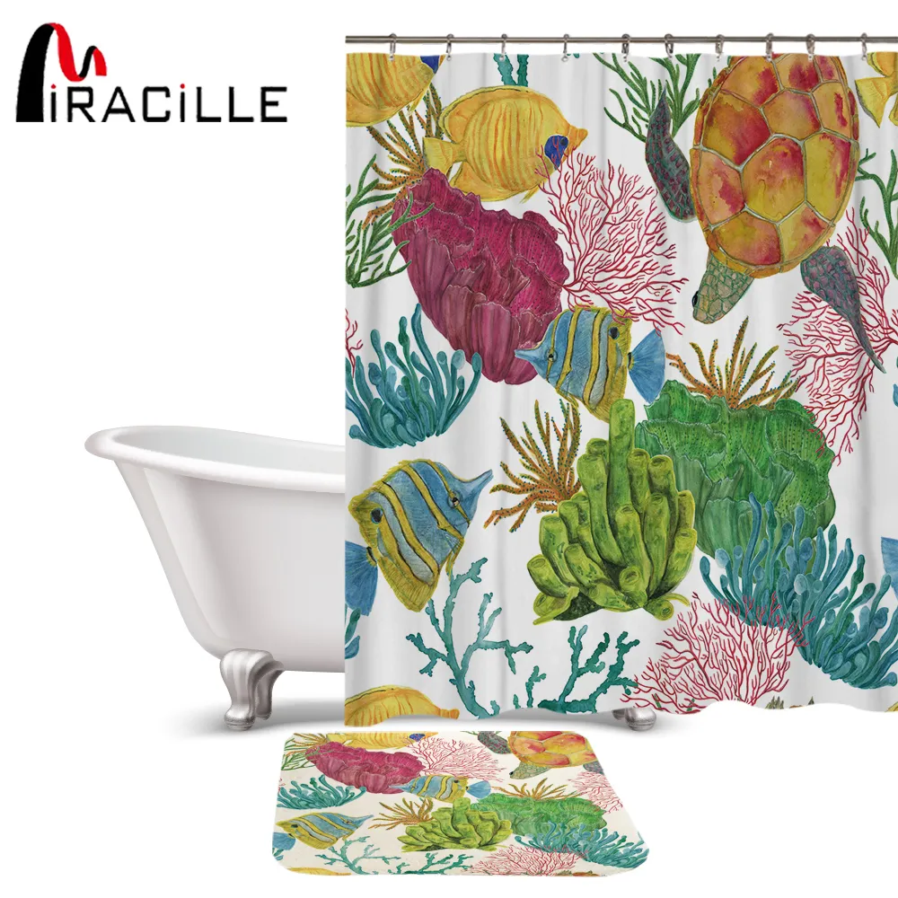 Miracille Decorazioni per il bagno Tartaruga marina colorata Alghe Pesci tropicali Modello Tenda da doccia impermeabile Tappeto per bagno e toilette T200711