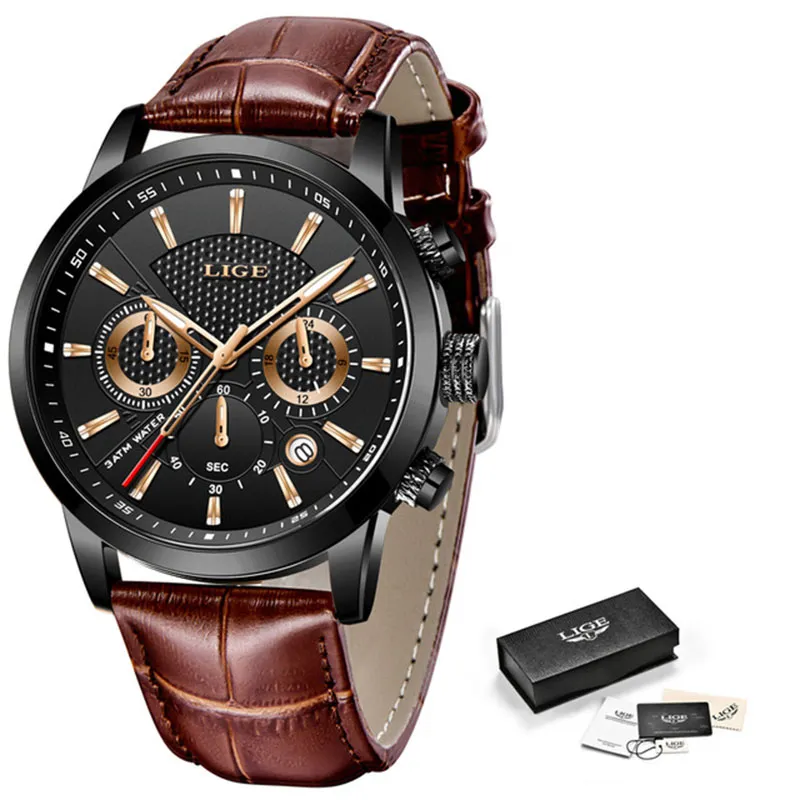 Lige hommes montres marque de luxe homme mode cuir montre étanche chronographe Quartz montre-bracelet montre
