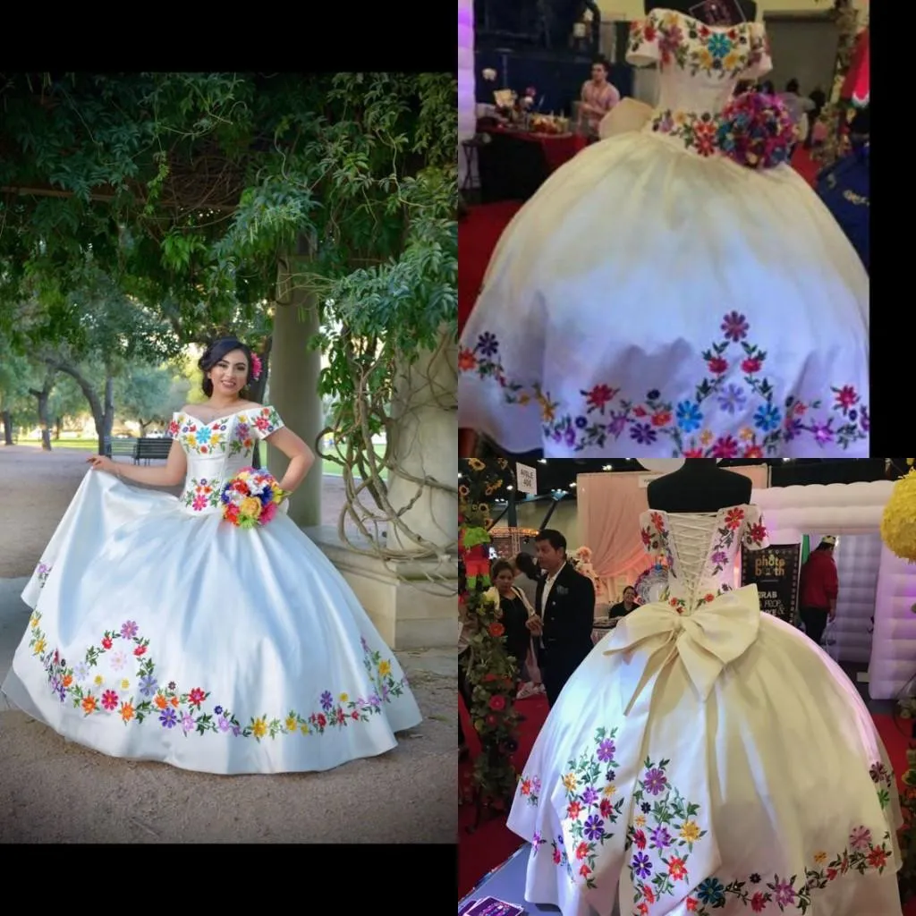 Vit satin broderade quinceanera klänningar mexikanska tema vestidos de novia off the axel bow korsett baksåt 15 klänning prom bollklänningar