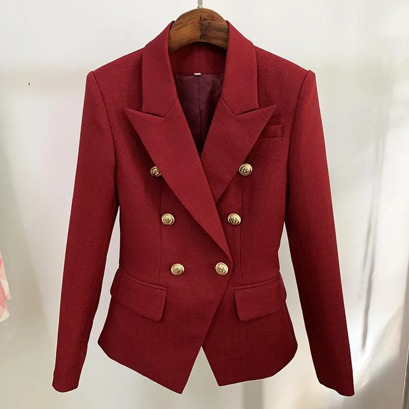 Wine Red Green Ginger Blazer Women Cotton Linen Gold Double-breasted Button Office Women's Blazers Jackets Suit High Quality