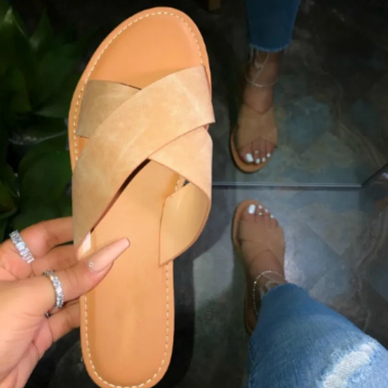 Мода крест женщин тапочки искусственная кожа летняя обувь женщина солидные наружные дамы слайды плюс размер 37-41 женские флопса X1020