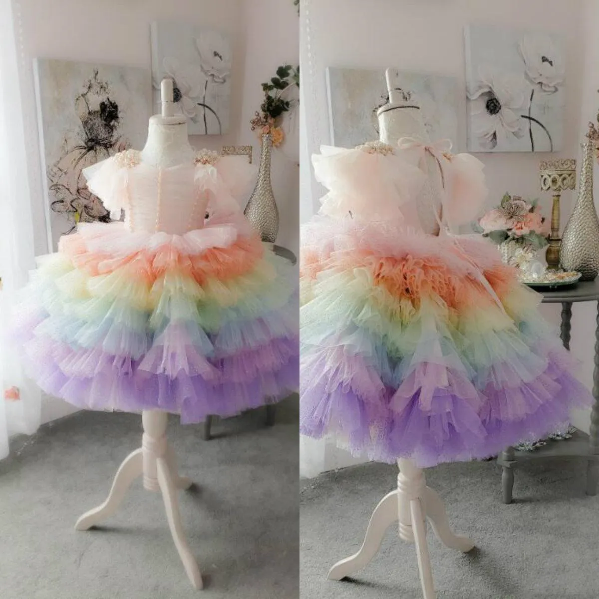 Rainbow Flower Girl Sukienki Gilliter Koronki Zroszony Wstążka Bez Rękawów Długość Kolana Balowa Suknia Dziewczyna Korant Dresses First Communion Suknie
