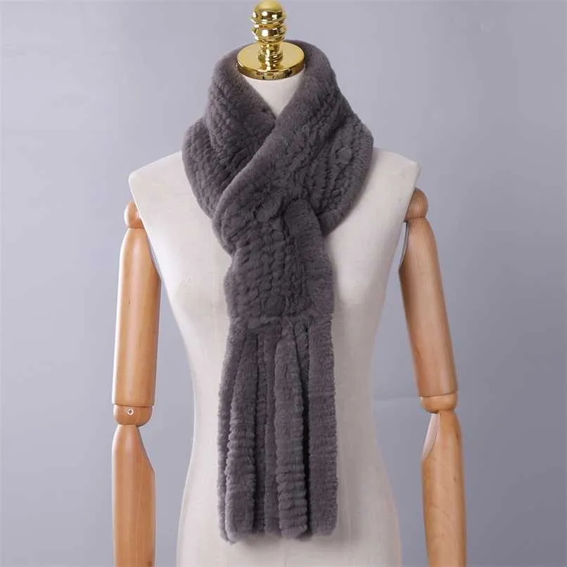 Winter Women's Genuine Real Rex Rabbit Fur Hand Knitted Scarf Scarfs Cowl Ring Scarves Wraps Snood Street Fashion Tassel 220114