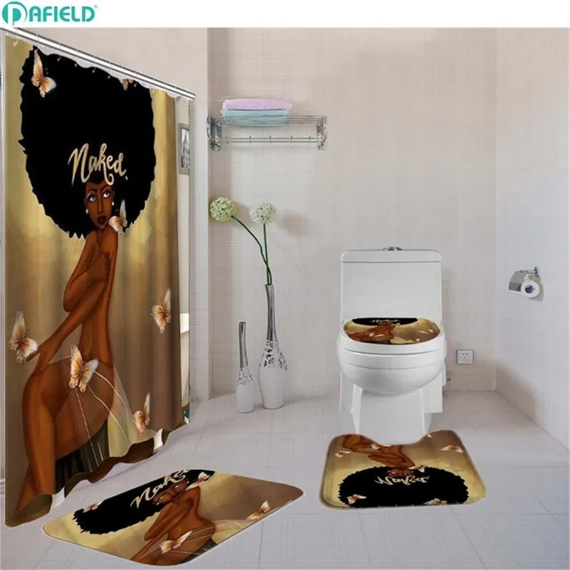 Juego de cortinas de baño Dafield Cubierta de almohadilla de baño Alfombra de baño Juego de cortinas de ducha de tela para baño Mujer afroamericana 201030