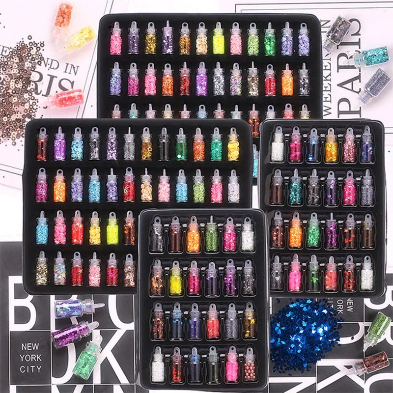 12 24 48 Flaskor Färgglada Mixed Nail Art Sequins Glitter Nail Powder Pigments 3D Ultra-Tunna Klistermärke Flakes Manikyr Dekorationer Set