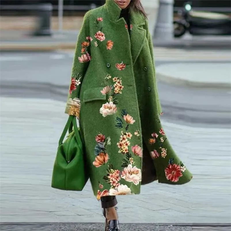 Elegante outono rua senhora longa casacos casacos moda floral impressão bolso de manga comprida jaqueta inverno mulheres misturar lã casaco 220107