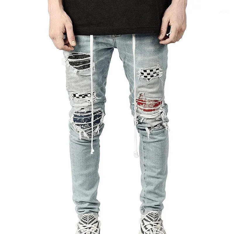 Laamei hommes extensible déchiré maigre moto biker jeans détruit trou slim fit denim pantalon grande taille hiphop décontracté hommes jeans pantalon1