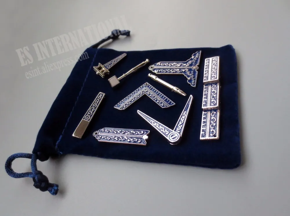 Набор из 9 различных синих масонских рабочих инструментов значок с бархатной сумкой Mason Freemason Миниатюры Freemason Gifts 201125