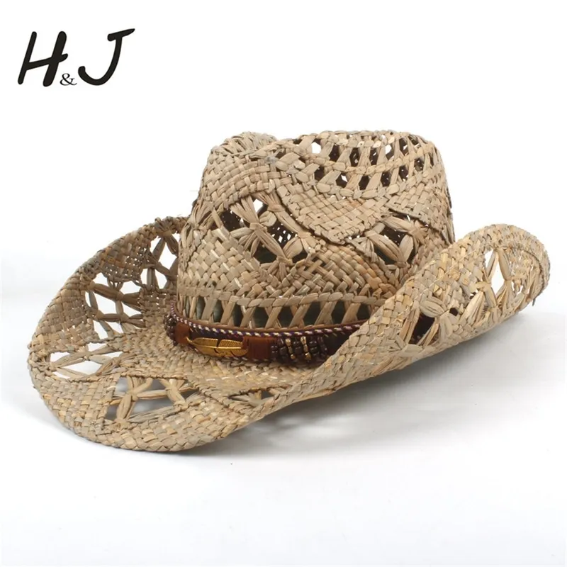 Mulheres homens chapéu de palha natural hardmade weave weave western cowboy para senhora papai sol verão sombrero hombre salva-vidas y200714