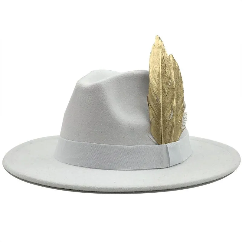 Recém-Branco Red retalhos de feltro Jazz Hat Cap Homens Mulheres plana Brim mistura de lã Fedora Chapéus Panamá Trilby Vintage Chapéu Com Pena