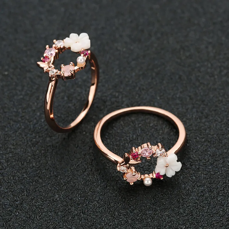 Mode Creatieve Vlinder Bloemen Crystal Finger Trouwringen Voor Vrouwen Rose Goud Zirkoon Glamour Ring Sieraden Meisje Gift Bijoux