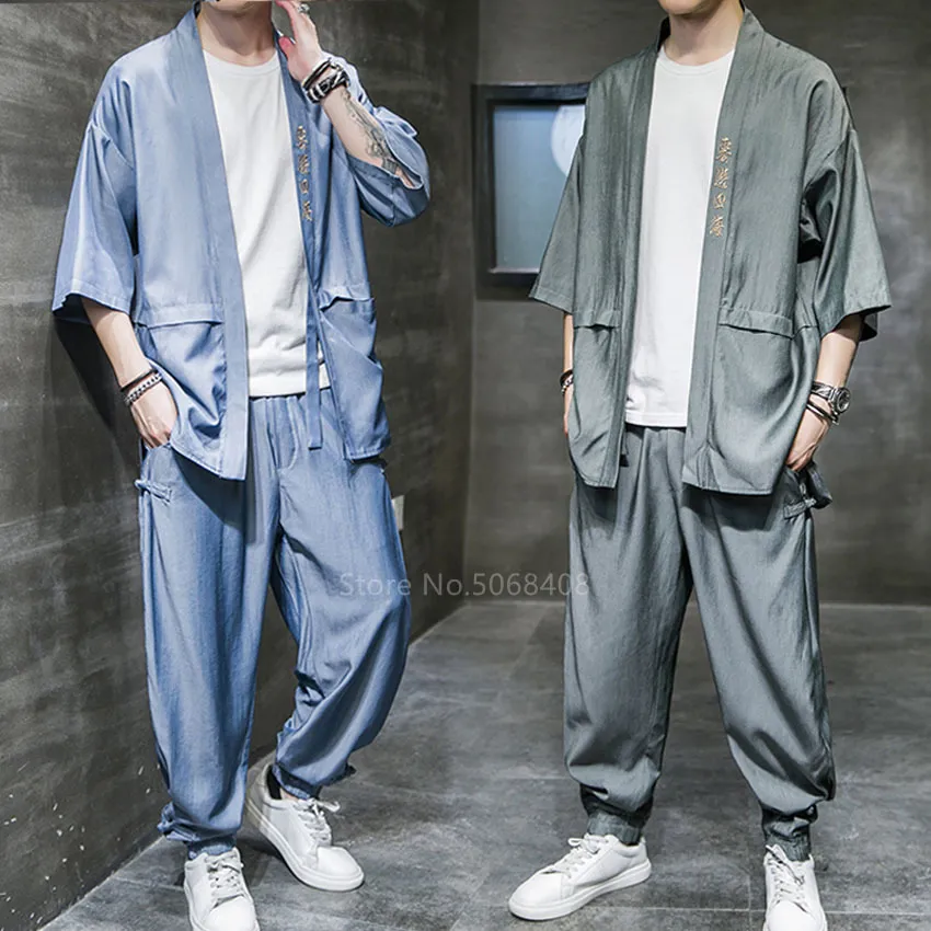 Japanese Traditional Clothing Ice Silk Kimono Pants Men Retro Asian