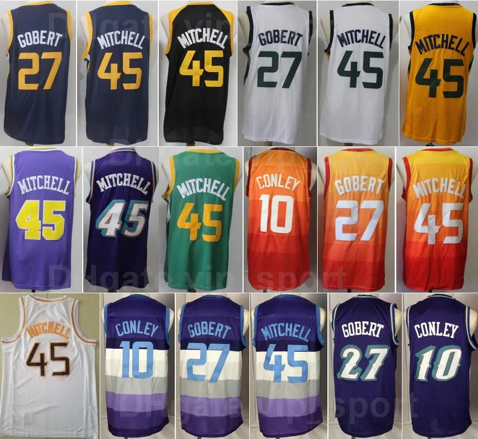 Män basket rudy gobert jersey 27 donovan mitchell 45 mike conley 10 vintage lila grön vit gul svart lag färg för sport fans utmärkt kvalitet