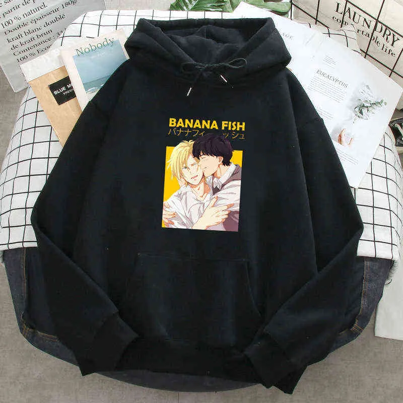 Banan Fish Anime Sweatshirts Mens Hoodies Winter Fleece Pocket Hoody Pullover 2021 Man Ny Långärmad Varm Streetwear Fashion H1227