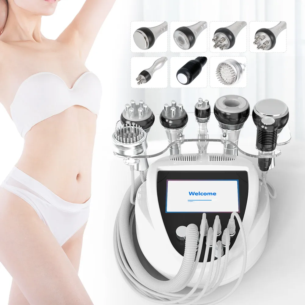 7 i 1 Ultrasonic 40K Cavitation Celluliter Remover Vacuum RF LED Light Skin Lifting Slimming Machine för SPA Använd gratis frakt DHL FedEx