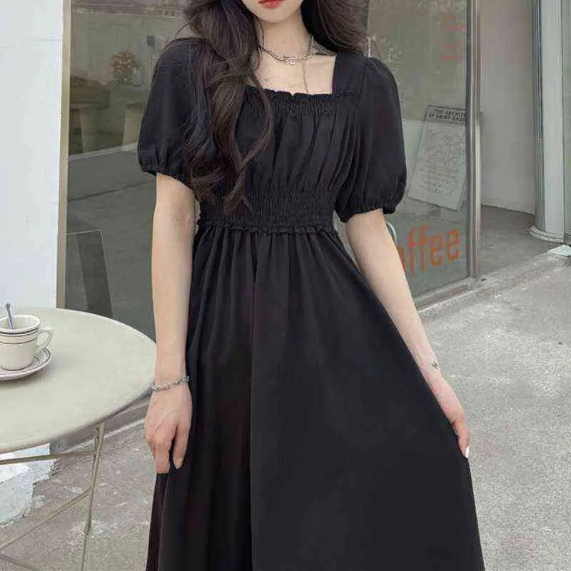HOUZHOU Black Vintage Midi Dress Elegant Women Dresses Square Collar Puff Sleeve Oversized Loose Casual Sundress Female Robe G1223