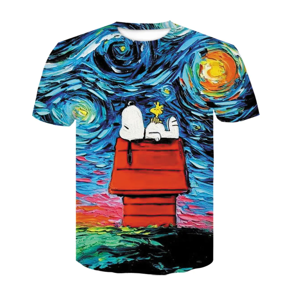 Yaz Karikatür Snoopy Renkli Yağlıboya Desen 3D Dijital Baskılı Erkek Moda Komik Sevimli Eğlence Kısa Kollu T-shirt 1021