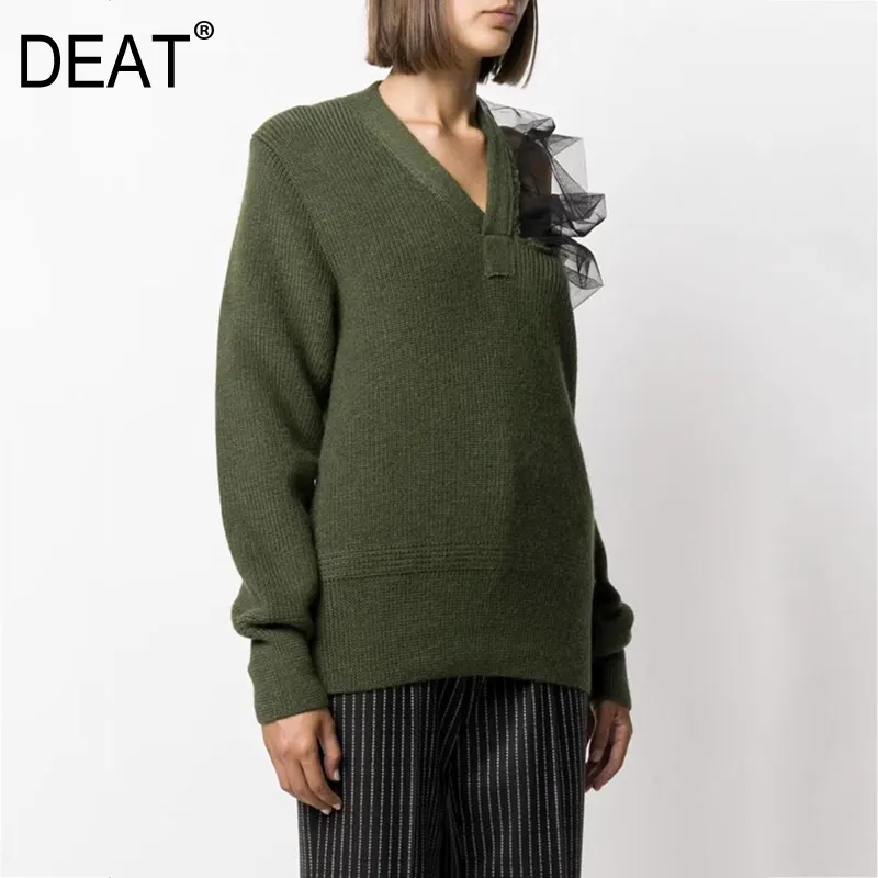 Deat V-Ausschnitt Full Sleeves Stricken Mesh Patchwork Aushöhlen von einer Schulter Pullover Pullover Weibliche Stricke Top WO39606 Mode 210203