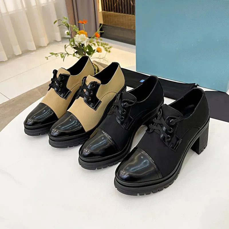 Spring Fashion Односнабные Обувь Дизайнер 7.5 см Толстые каблуки на шнуровке Доброодиновые и кожаные женские насосы женщин