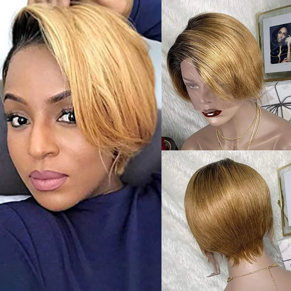 Ombre Pixie Cut Paryk för Svarta Kvinnor 6 tum T-Del Korta Lace Front Bob Wig Human Hair Pre Plocked With Baby Hair Natural Hairline 150% Densitet OT1B / 30 Färg