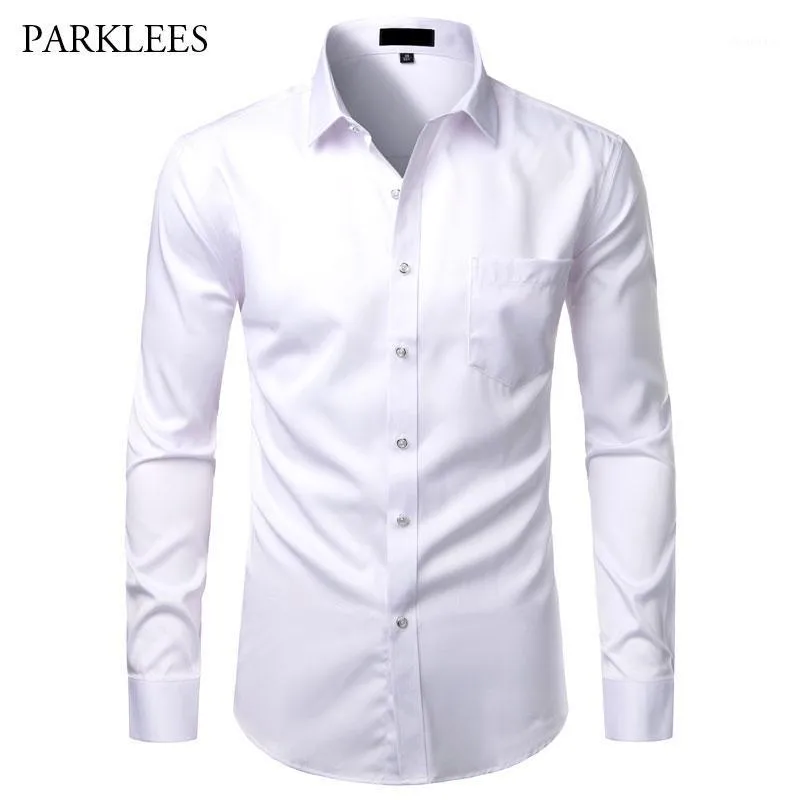 Chemises en fibre de bambou pour hommes blancs Chemises habillées décontractées à coupe ajustée pour hommes Chemise sociale solide avec poche Camisas d'affaires formelles1311N