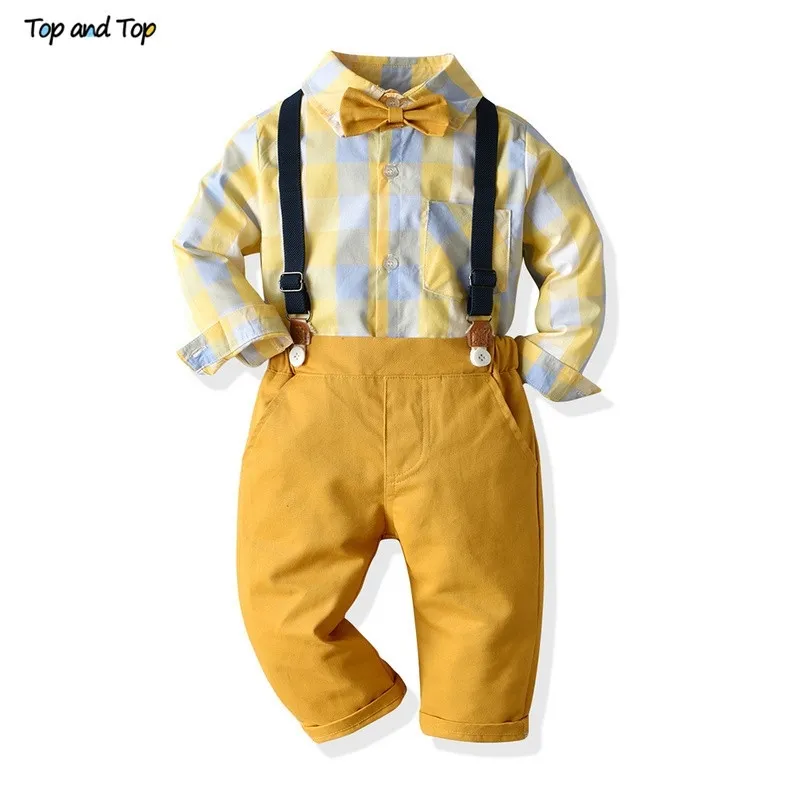 Top- und Top -Kinder -Jungen Gentleman Kleidung Set Baumwoll Langarmplaid -Hemd mit Fliege + Overalls Jungen formelle Kleidung für Hochzeit 201127