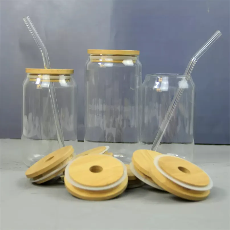 15 oz süblimasyon cam bira bardağı bambu kapaklı saman ile DIY boşluklar buzlu temizleyebilir tumbllers bardak ısı transferi kokteyl buzlu kahve soda viski gözlük ht
