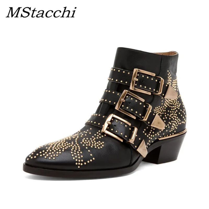 MStacchi 부츠 여성 라운드 발가락 리벳 꽃 Susanna 박힌 정품 가죽 발목 부츠 Luxury Botas Mujer 201020