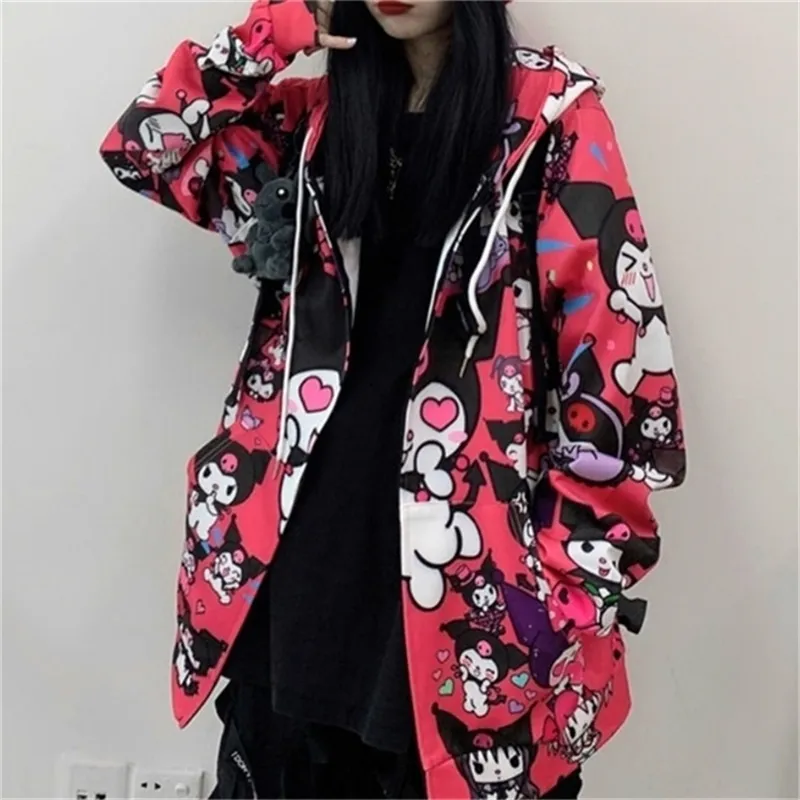 Houzhou Kuromi Sweatshirt 가을 패션 여성 Kawaii Anime Hoodie 빈티지 긴 소매 귀여운 풀오버 여성 블랙 핑크 숙녀 톱 201216