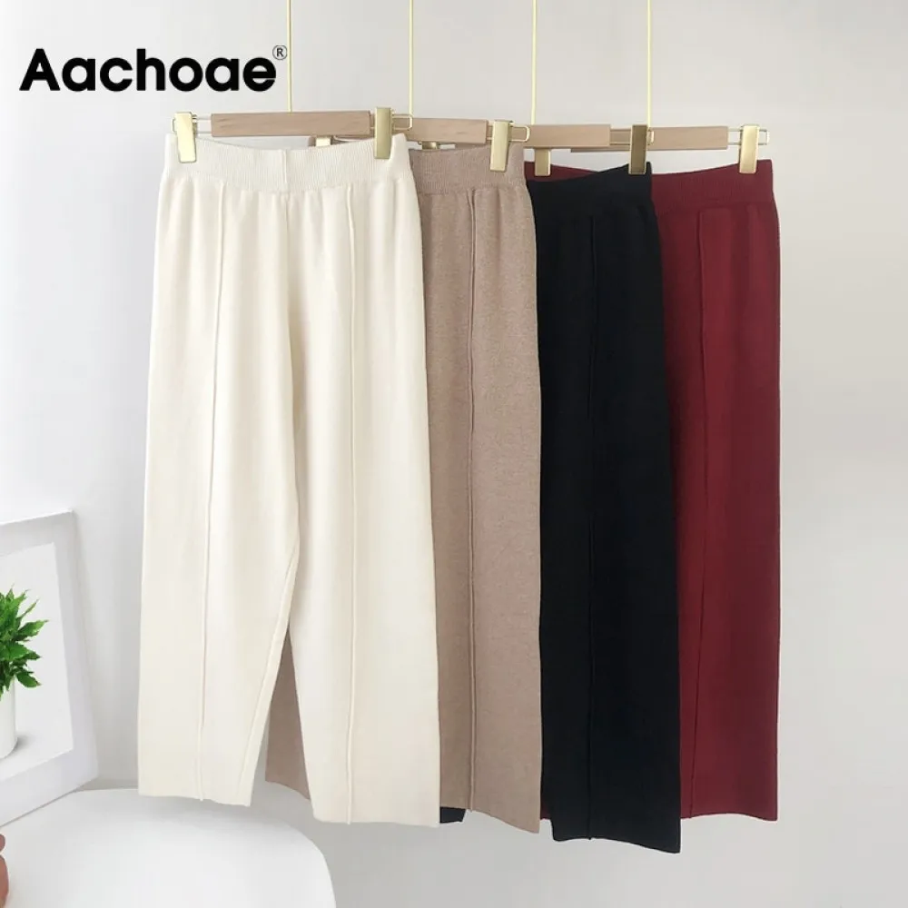 Aachoae lâche solide pantalon tricoté femmes taille élastique décontracté dame pantalon plissé loisirs maison porter pantalons longs femme pantalon 201031