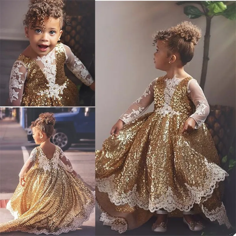 Bling Bling Fleur Filles Robes Manches Longues Paillettes Appliqued Première Communion Robe Bijou Cou Balayage Train Sur Mesure Enfants Pageant Robe