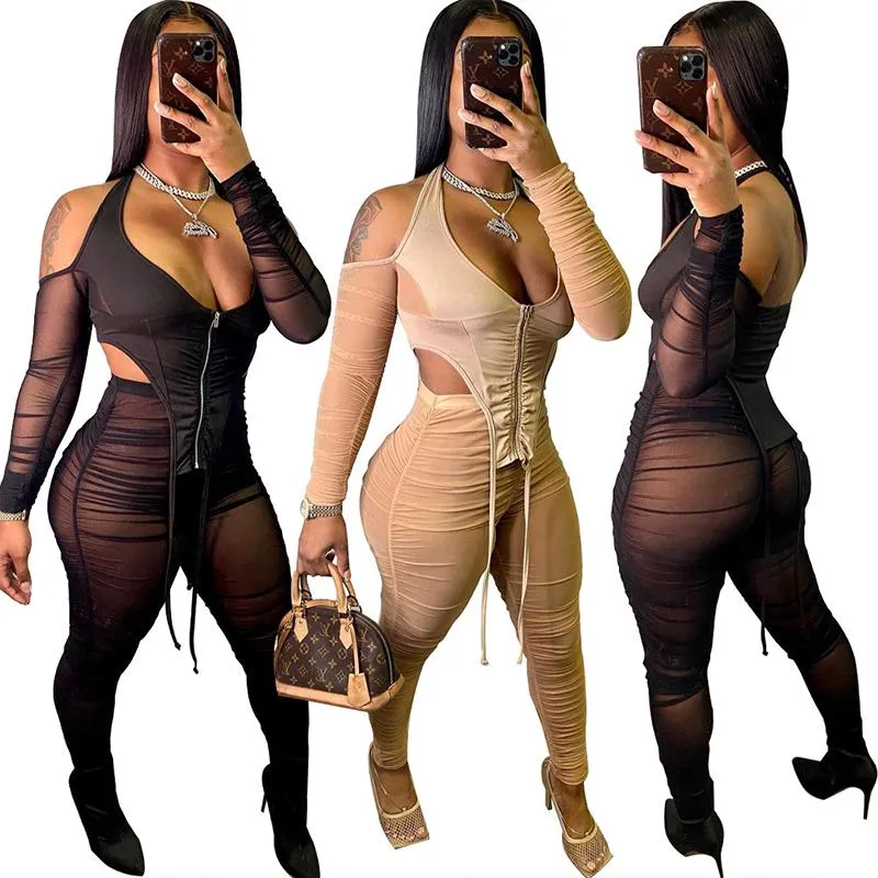 ZKYZWX Sexy Mesh Sheer Zweiteiliges Set für Frauen Club Geburtstag Outfits Schulterfreies Korsett Top Gestapelte Jogginghose Passende Sets