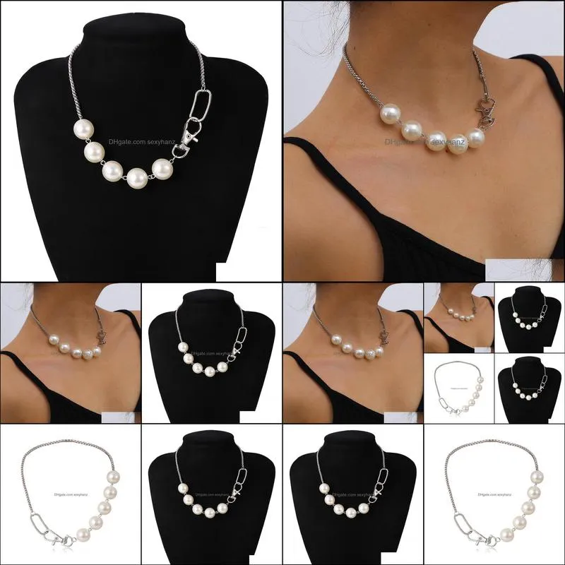 Goth Baroque Pearl Choker Necklace Women Wedding Punk Sexy Iron Chain Beaded Big Clasp Necklaces Aesthetic Jewelry