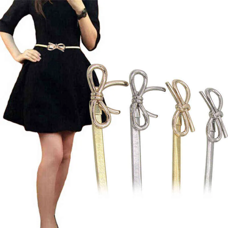 1PC Metal Bow Belt Design Clasp Front Stretch Elastic Waist Dress Belt Strap Waistband Waist Belt Skinny Elastic Ceinture