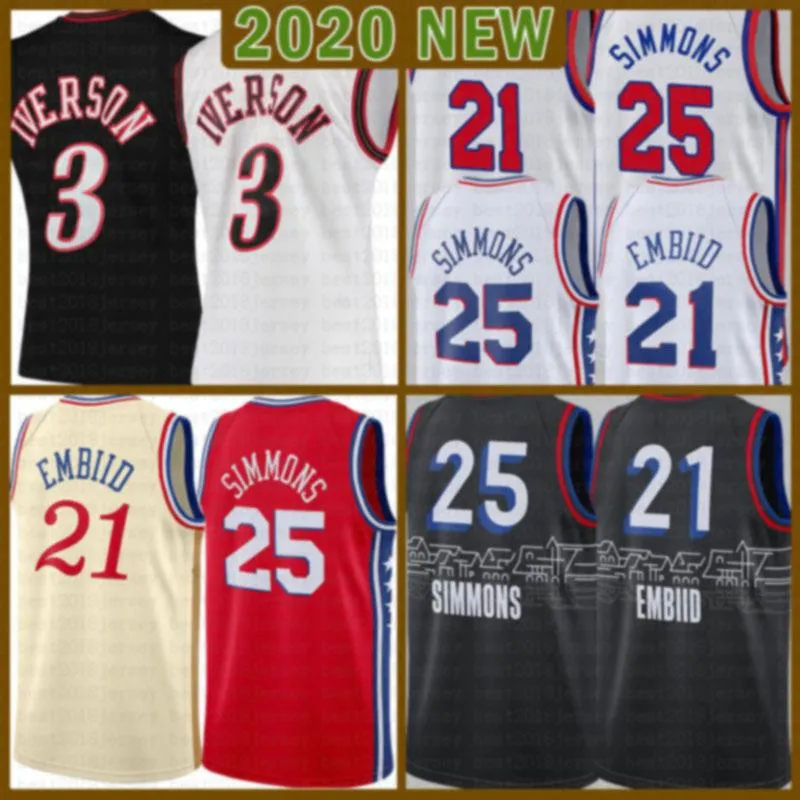 2021 New Joel 21 EmbIID Basketball Jersey Ben 25 Simmons Mens Allen 3 Iverson Mesh Julius 6 Retro Cheap Multi