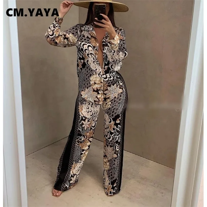 CM.YAYA Autumn Winter Peacock Women's Set Button Up Blouse Shirt Tops and Pants Elegant Tracksuit Two Piece Fitness Outfits 220315