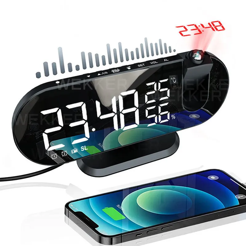 FM R LED Digital Smart Alarm Clock Watch Table Electronic Desktop S USB Vakna upp med 180 Time Projector Sze 220311