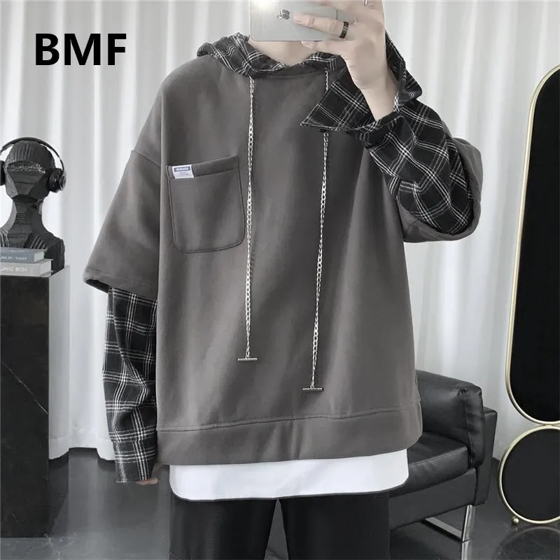 Bluzy męskie bluzy Hip Hop Fake Two-szt Oversized Plaid Hoodie 2021 Koreański Ubrania KPOP Moda Bluza Człowiek Uzzzang Streetwear