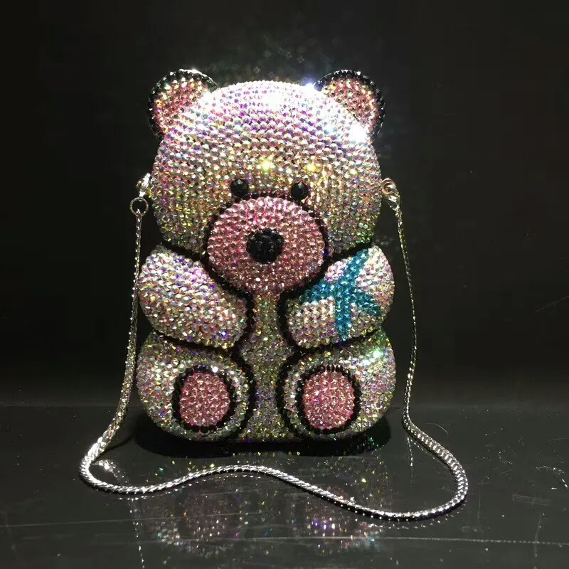 women Hollow Out Bear shape Crystal Clutch Evening Bag Wedding Party Cocktail purse wallet MInaudiere Handbag shoulder gifts Q1110