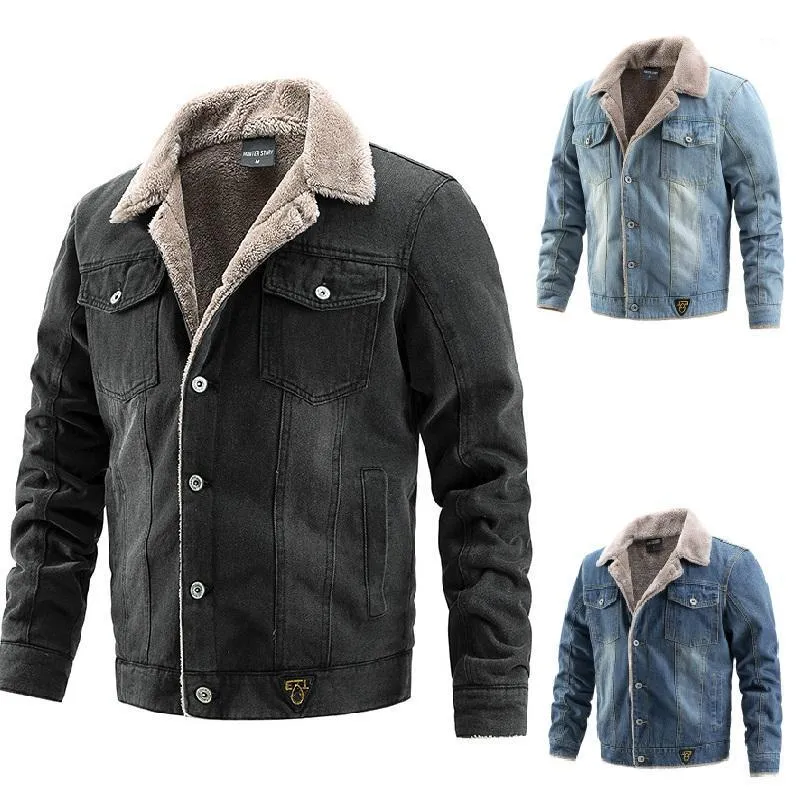 Running Jackets High Quality Winter Plus Thick Denim Jacket Men Lapel Cotton Jeans Fur Collar Warm Mens Overcoats