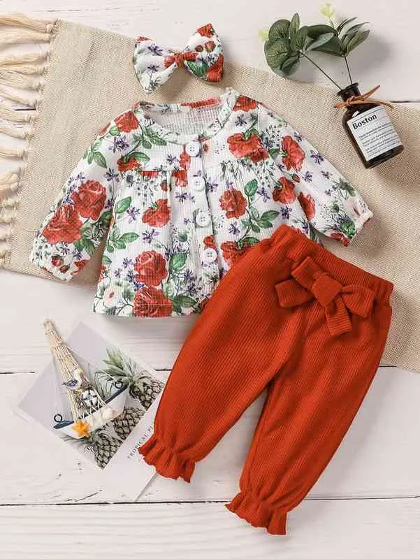 Baby Floral Print Top Rack Hem Брюки с повязкой, она