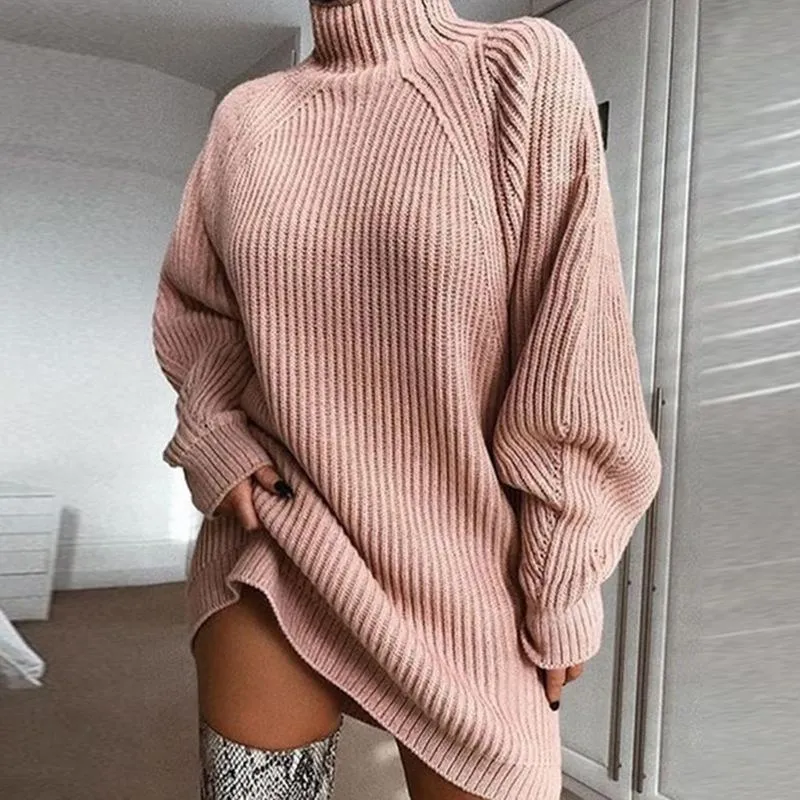 Elegant Knitted Sweater Dress - Autumn Winter Long Sleeve Turtleneck Mini  Dress