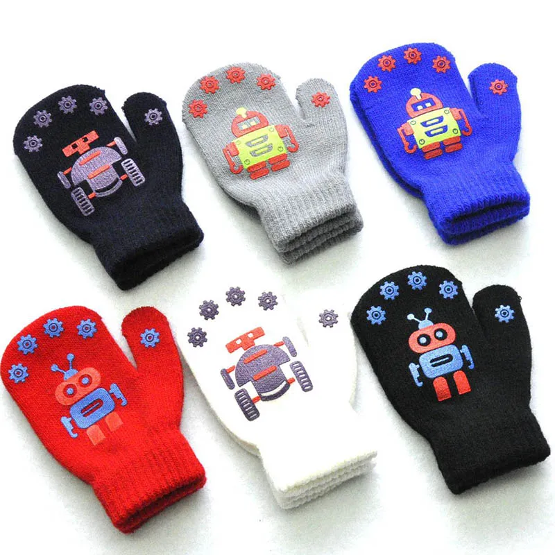 Children Winter Warm Gloves Kids Knitting Mittens Cute Little Robot Pattern Printing Knitted Baby 1-4 Years Old